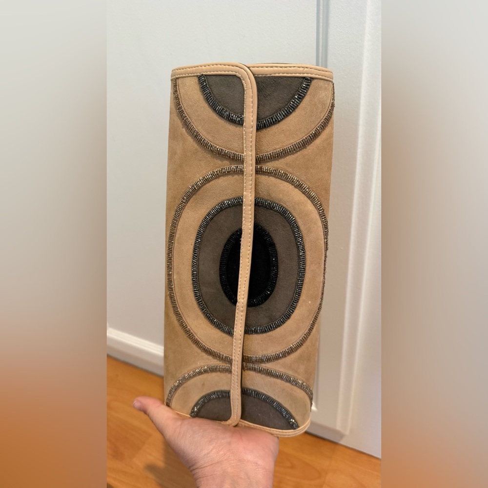 Maliparmi Beige Suede Clutch With Gray And Black Accents